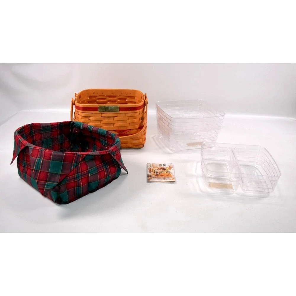 2000 Longaberger Christmas Deck The Halls Basket Plaid Liner 2 Plastic Inserts